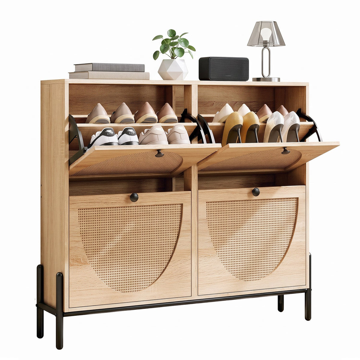 Shoe Storage Cabinet with 4 Rattan Flip Drawers