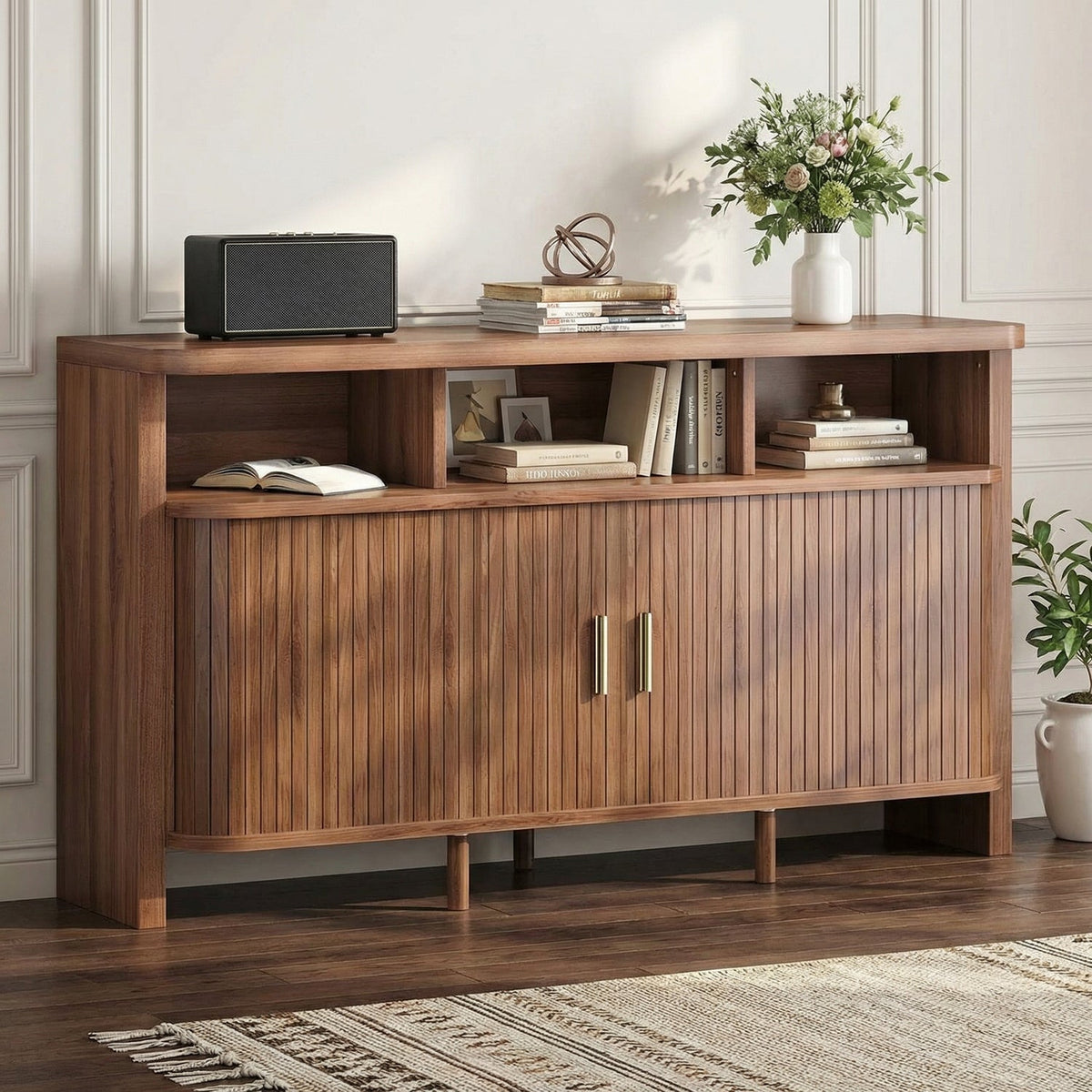 55 Inch Walnut Sideboard Buffet with Sliding Door