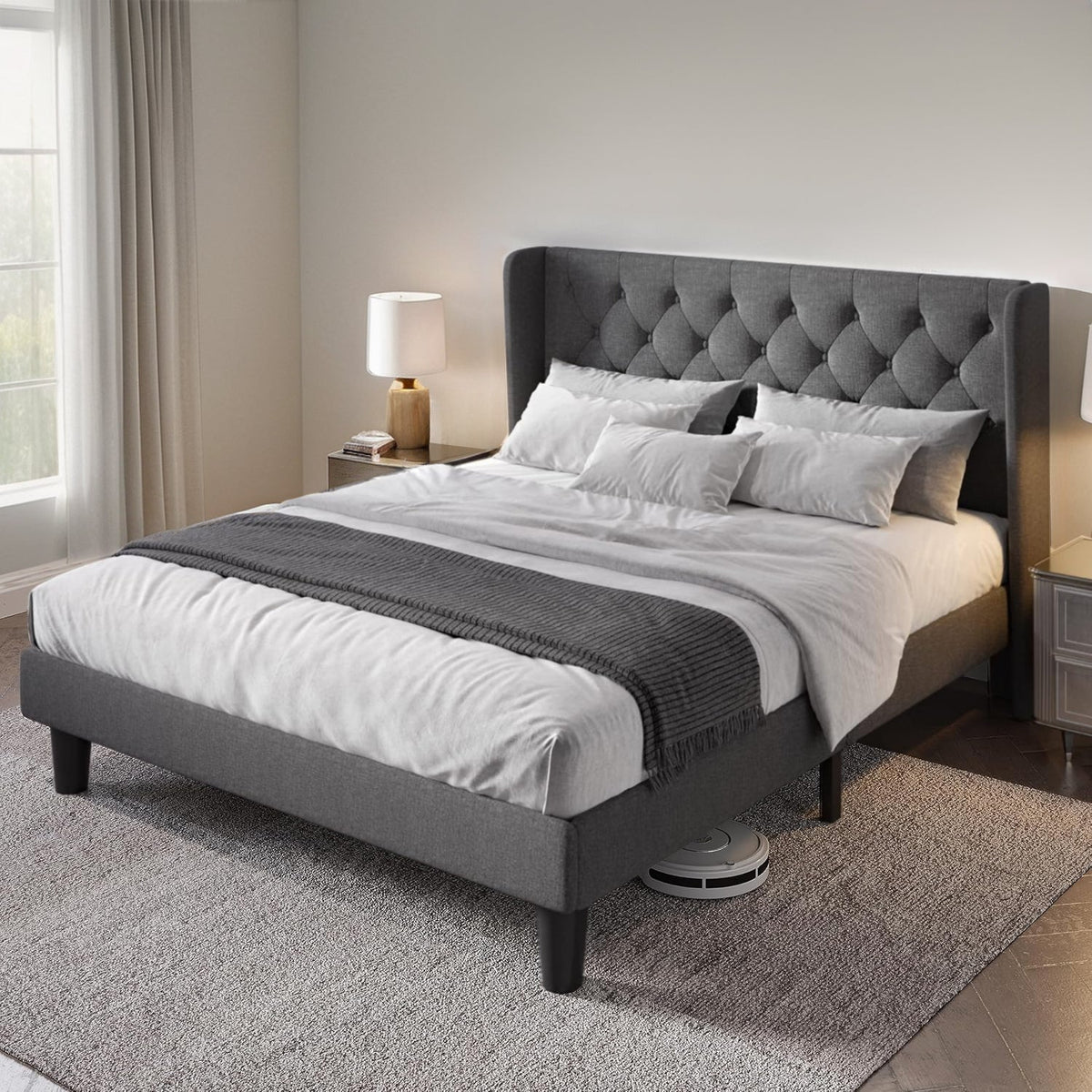 Upholstered Platform Bed with Tufted Wingback Headboard