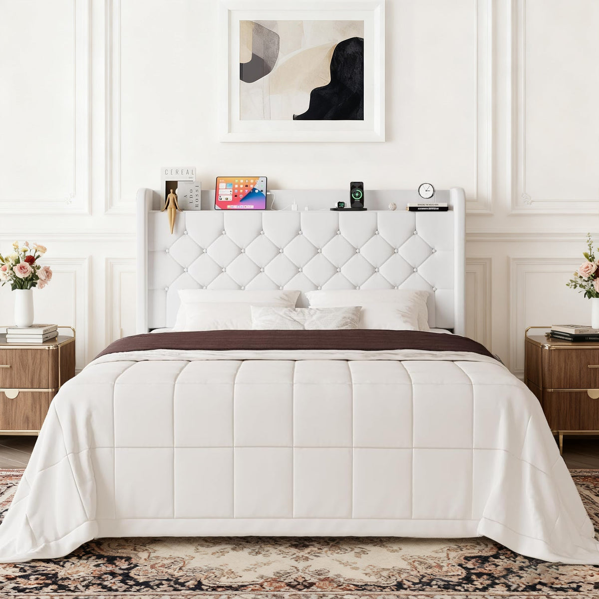 Wingback Velvet Storage Bed with Charging Station