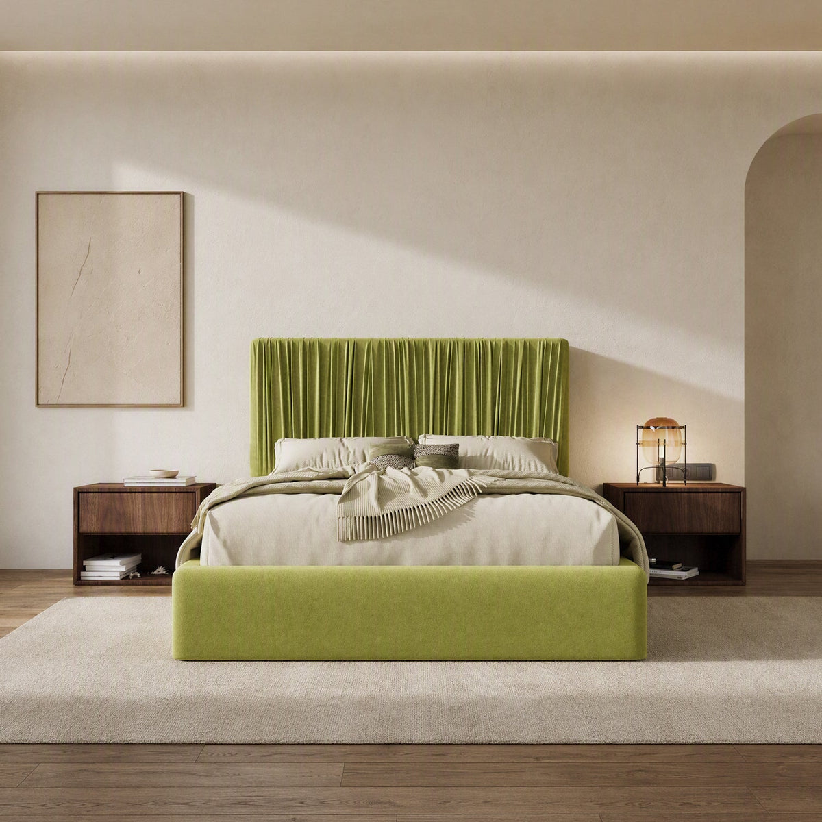 Velvet Floor Platform Bed with Pleated Headboard