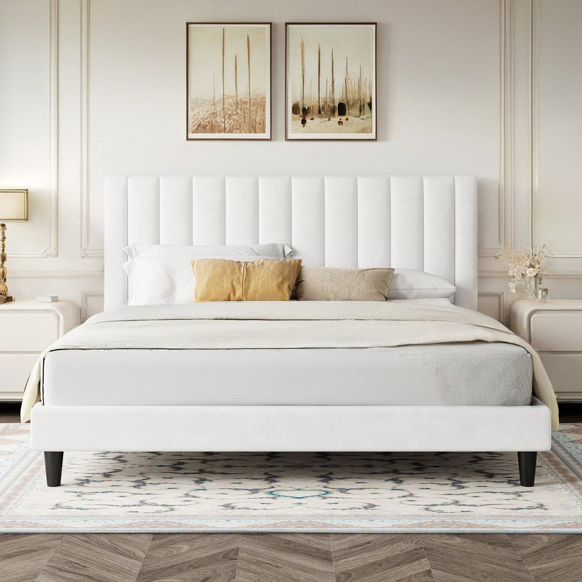 Velvet Upholstered Bed Frame with Tufted Headboard