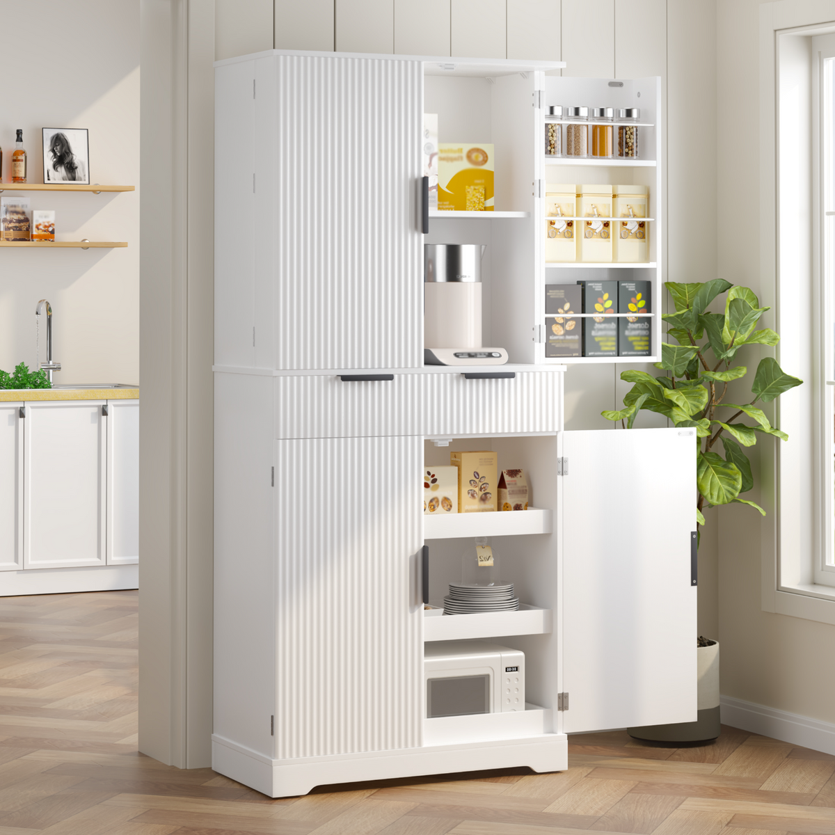 72 Inch Fluted Kitchen Pantry Cabinet with 2 Doors