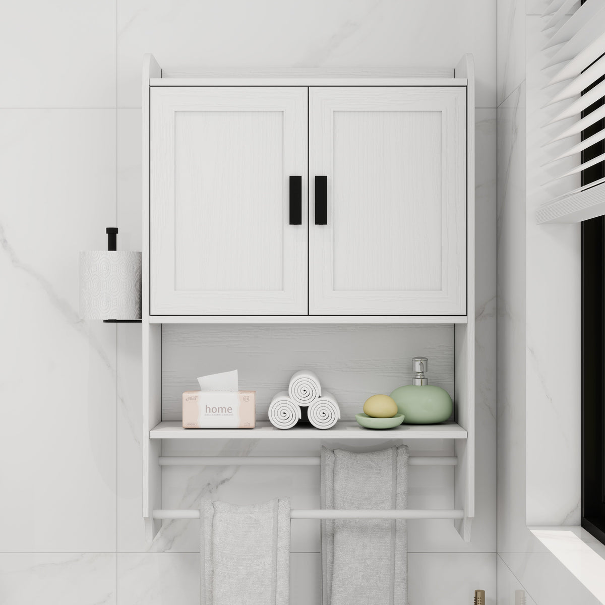 Bathroom Wall Cabinet with Towel Bar and Paper Holder