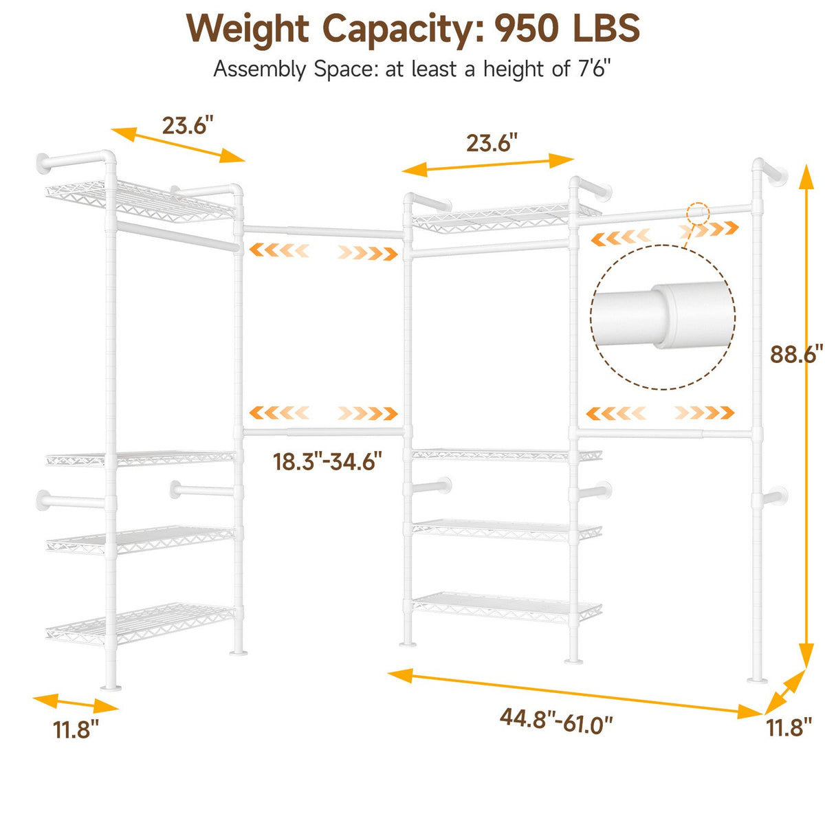 Wall Mounted Closet System with 4 Rods and 8 Shelves