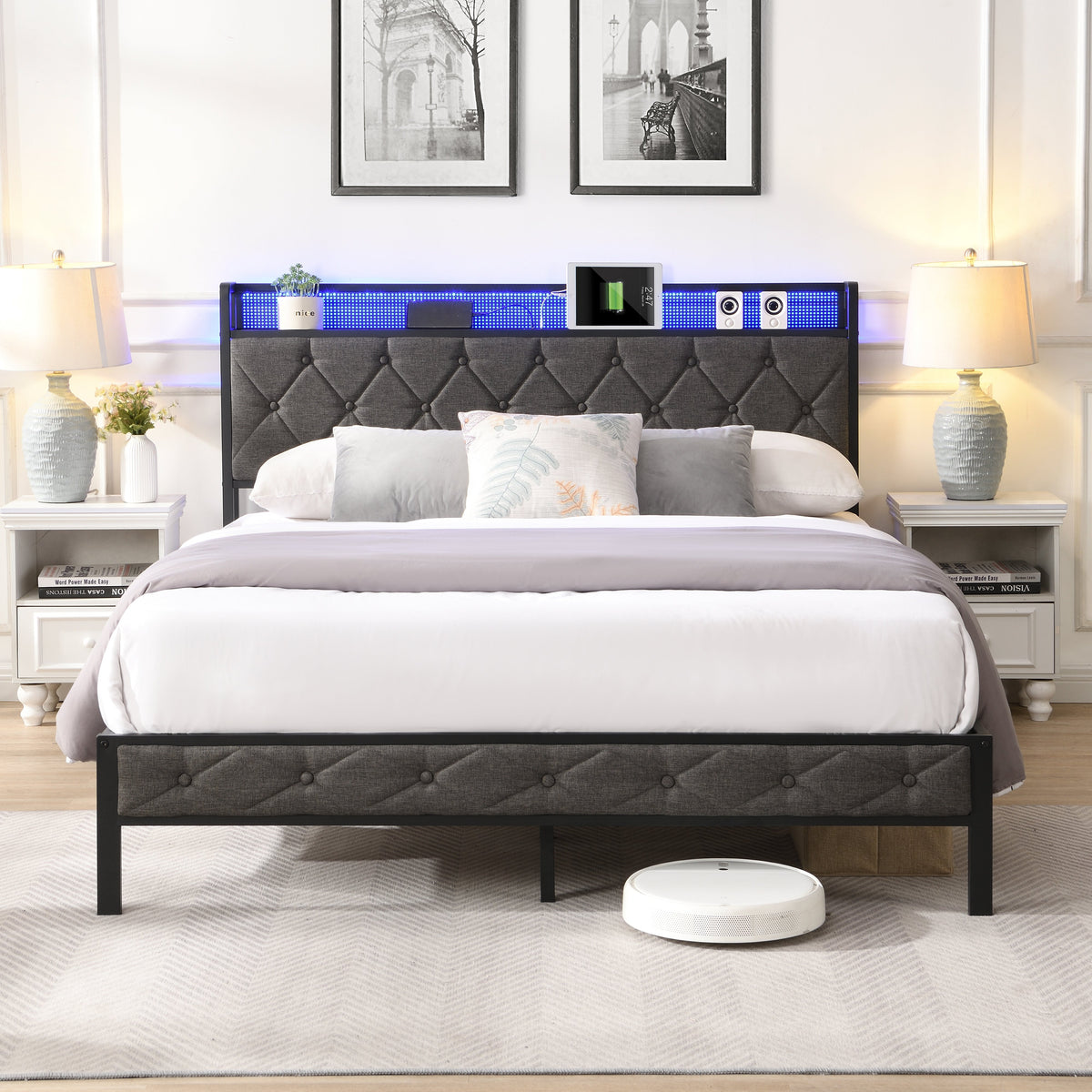 Upholstered Platform Bed with LED Lights and Charging