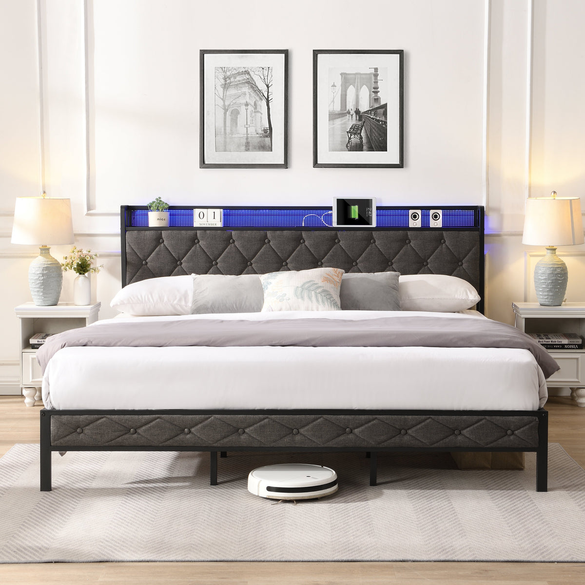 Upholstered Platform Bed with LED Lights and Charging