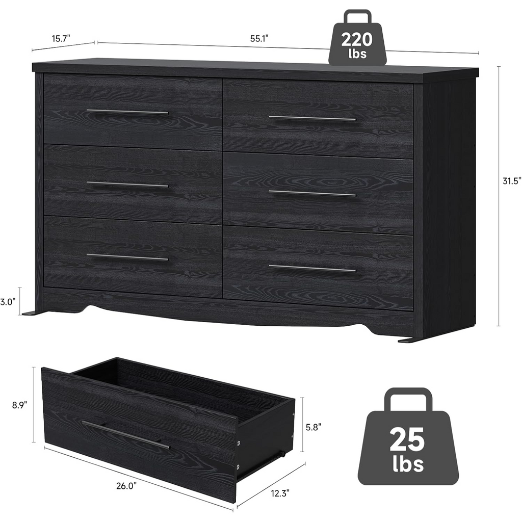 55 Inch 6-Drawer Dresser with Metal Handles