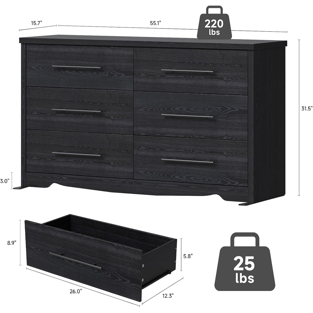 55 Inch 6-Drawer Dresser with Metal Handles