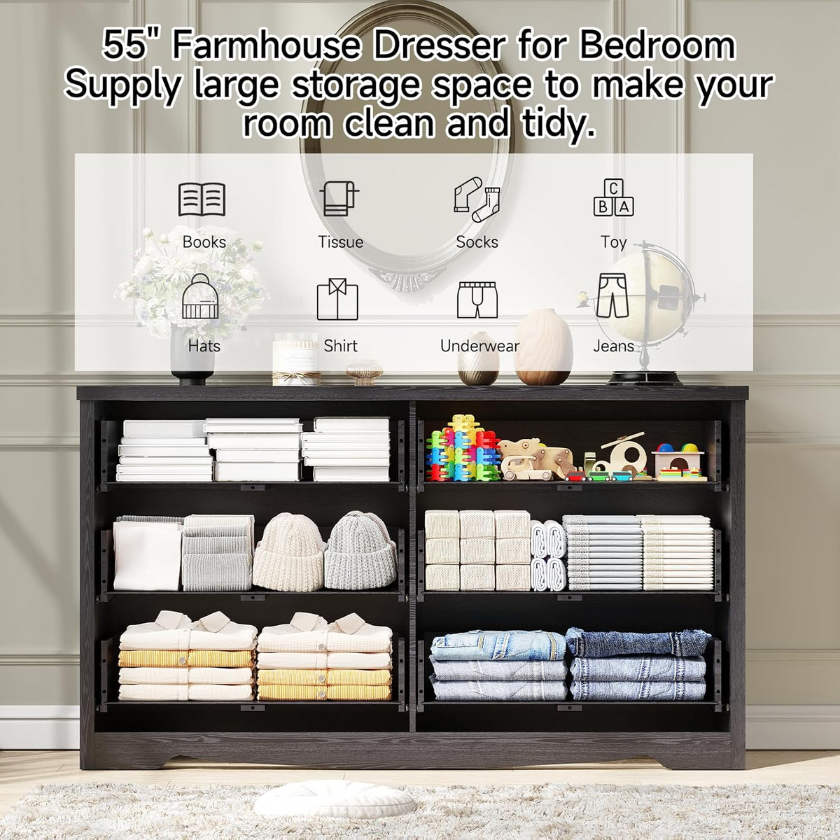 55 Inch 6-Drawer Dresser with Metal Handles