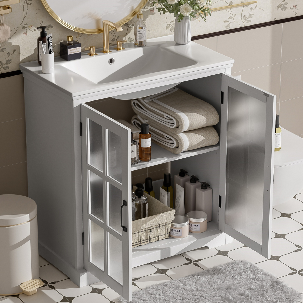 White Bathroom Vanity with Ceramic Sink and Storage