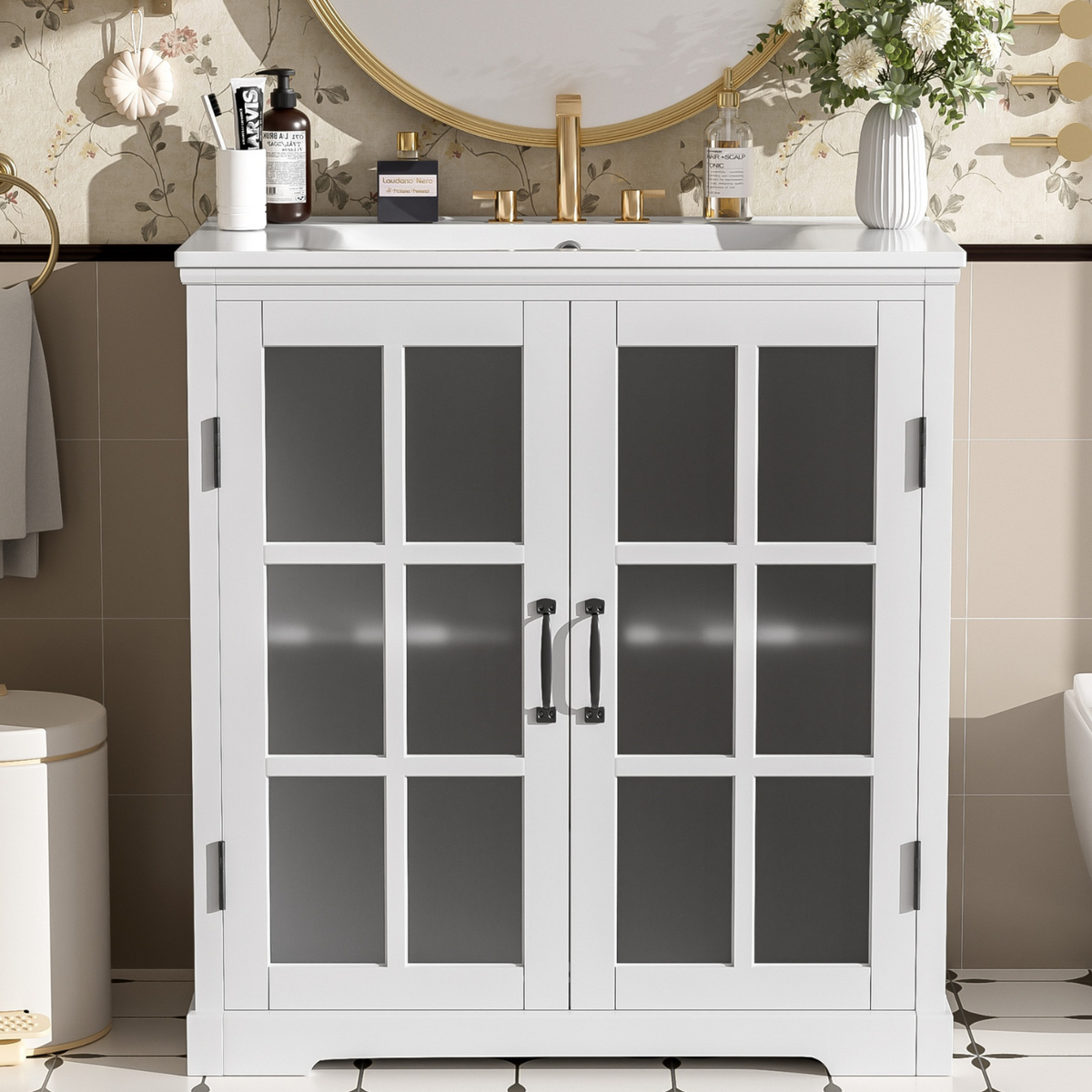 White Bathroom Vanity with Ceramic Sink and Storage