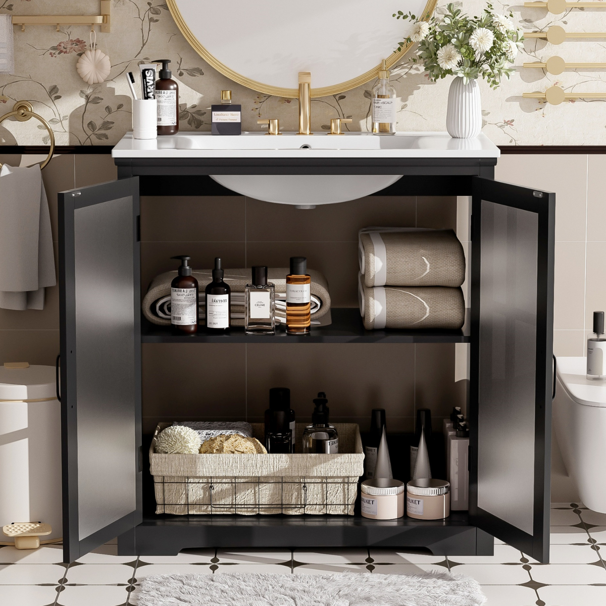 Black Bathroom Vanity with Ceramic Sink and Storage