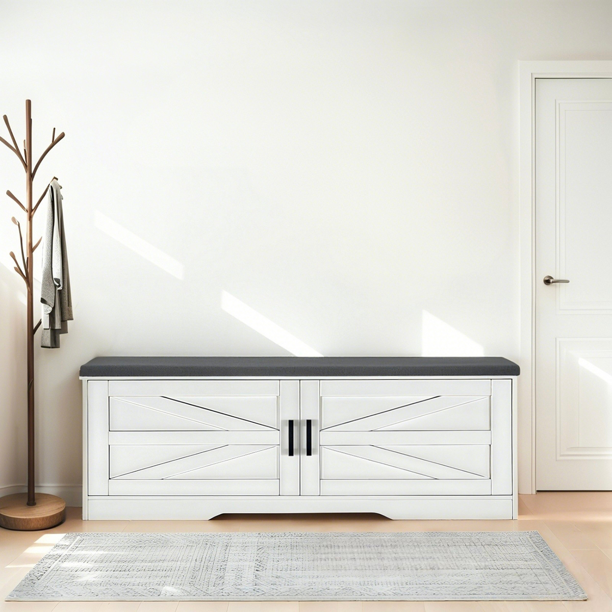 Farmhouse 2-Tier Shoe Storage Bench with Barn Doors
