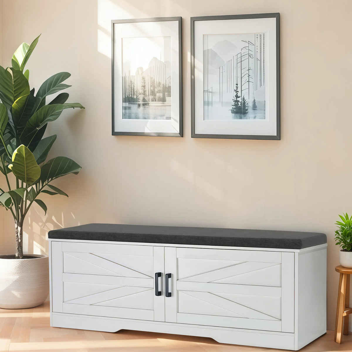 Farmhouse 2-Tier Shoe Storage Bench with Barn Doors