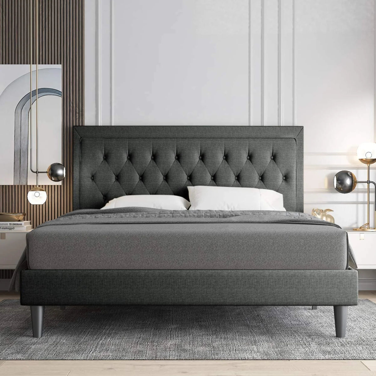 Upholstered Bed Frame with Adjustable Headboard