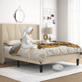 Beige or Grey Bed Frame with Geometric Headboard
