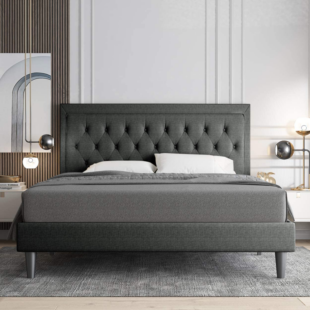 Upholstered Bed Frame with Adjustable Headboard