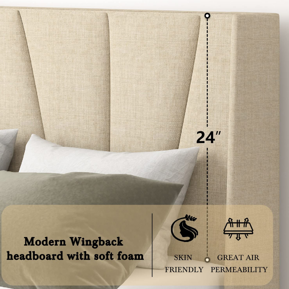 Beige or Grey Bed Frame with Geometric Headboard