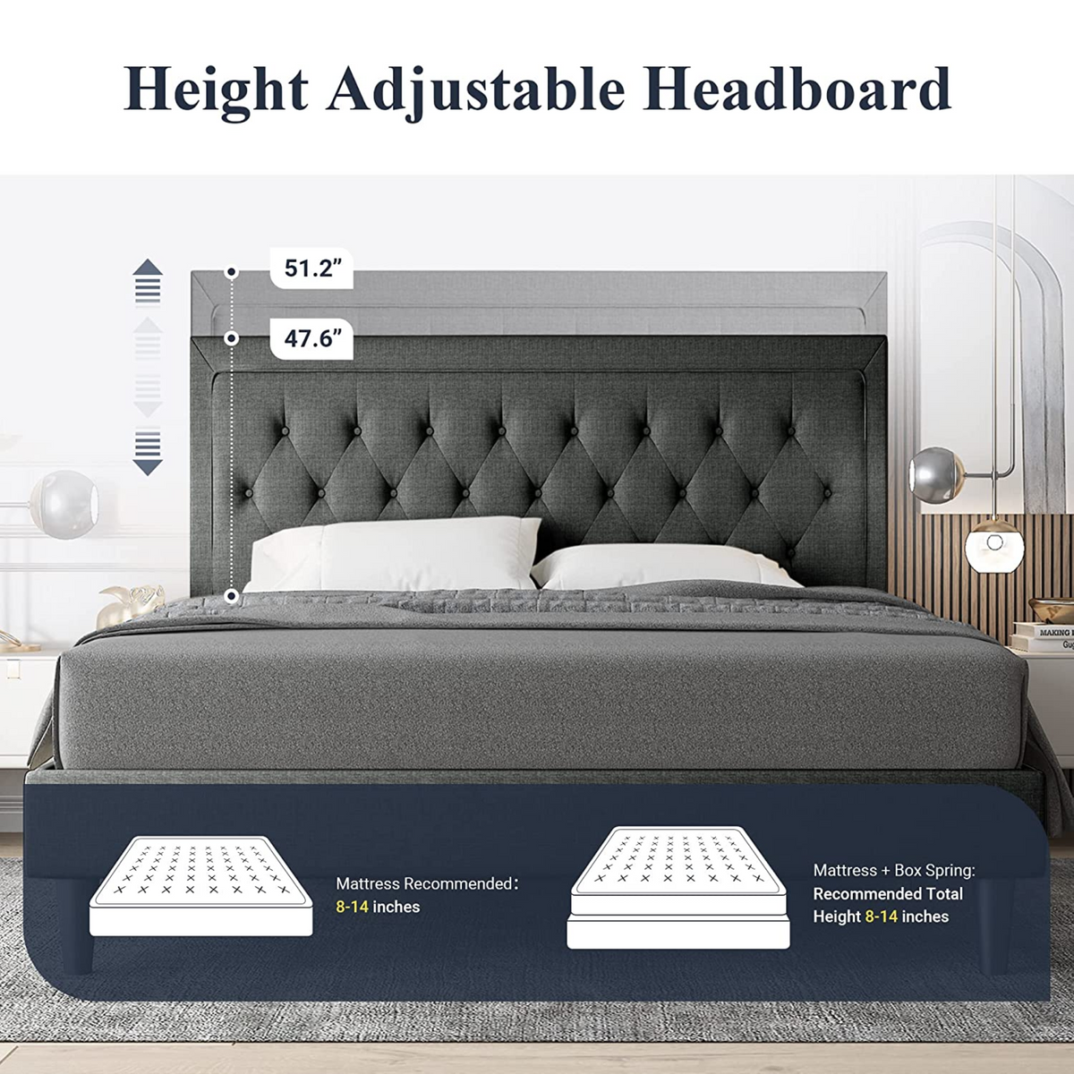 Upholstered Bed Frame with Adjustable Headboard