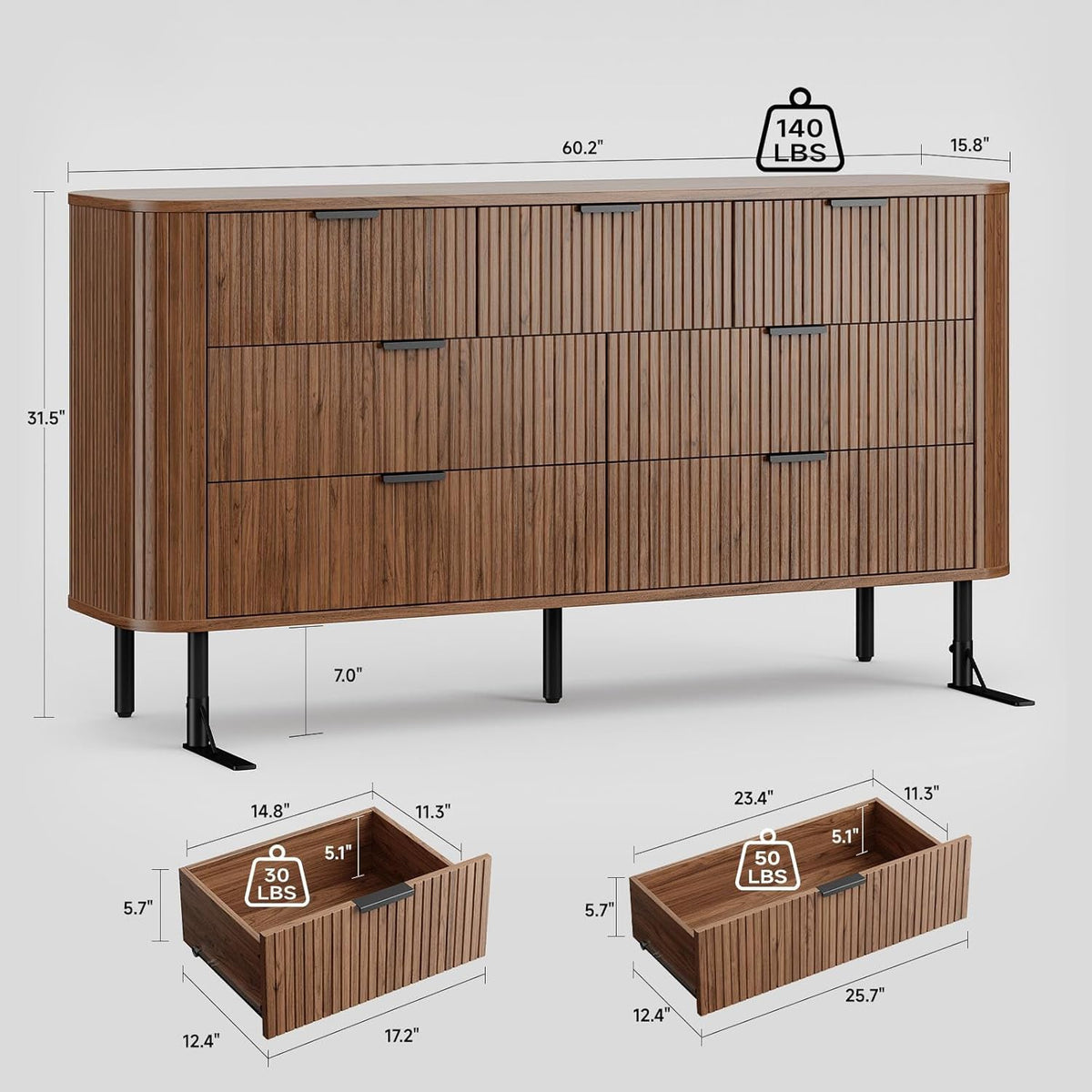 7-Drawer 60-Inch Fluted Dresser with Metal Handles