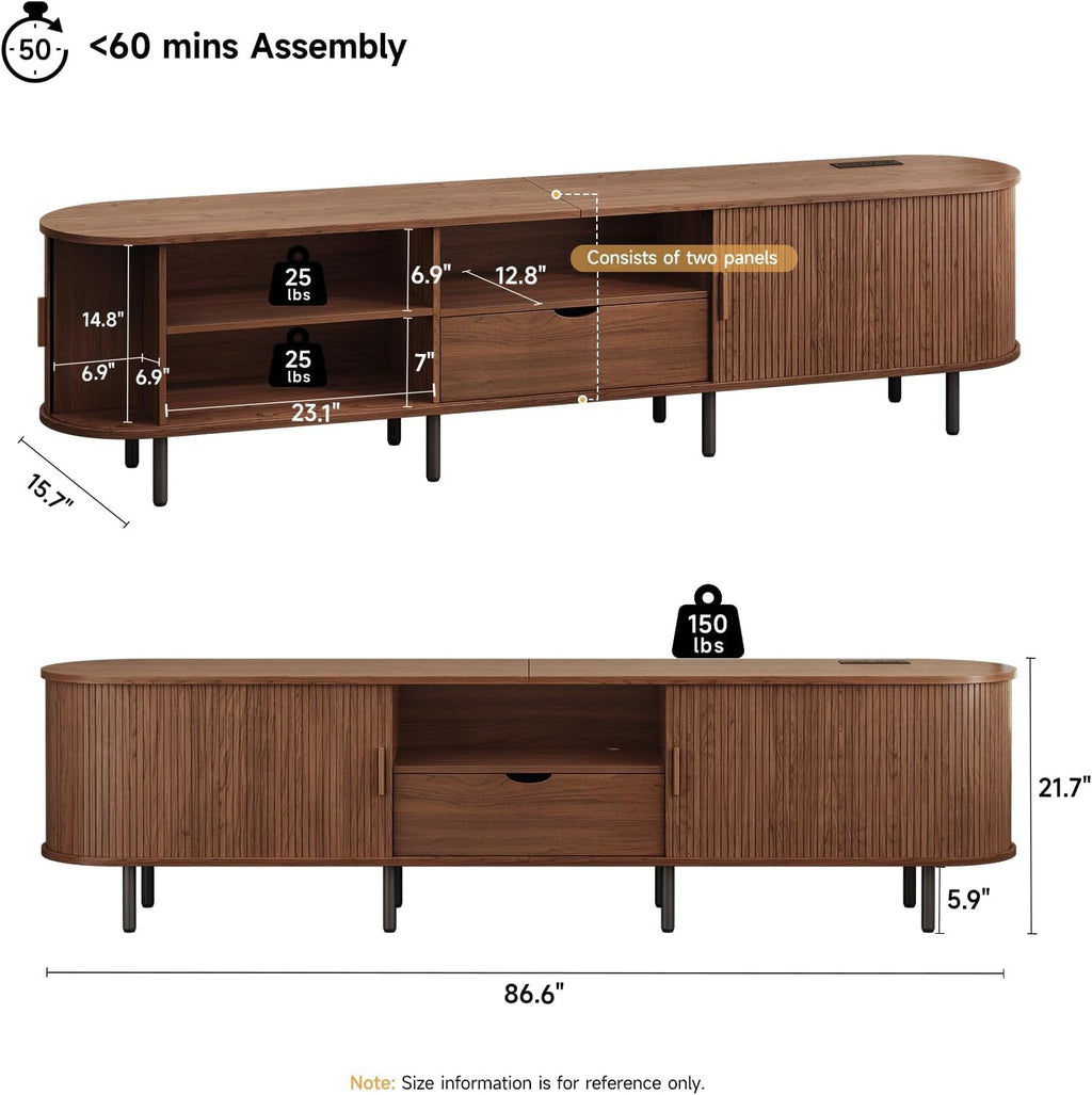 86 Inch TV Stand with Sliding Doors and Charging Station