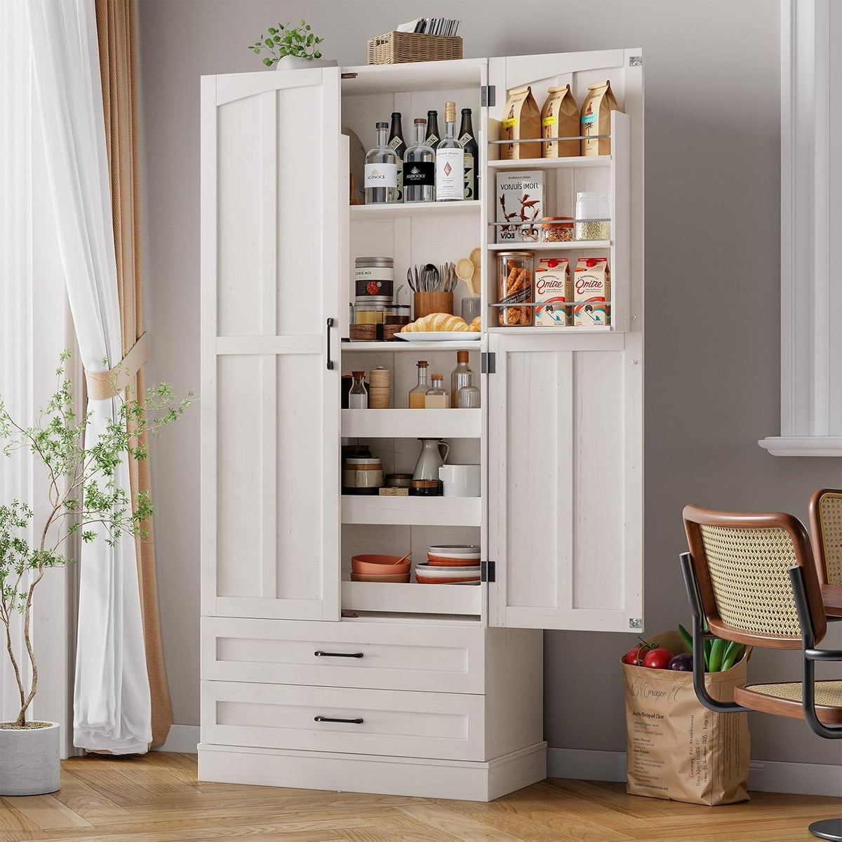 71-Inch Farmhouse Pantry Cabinet with Pull-Out Shelves