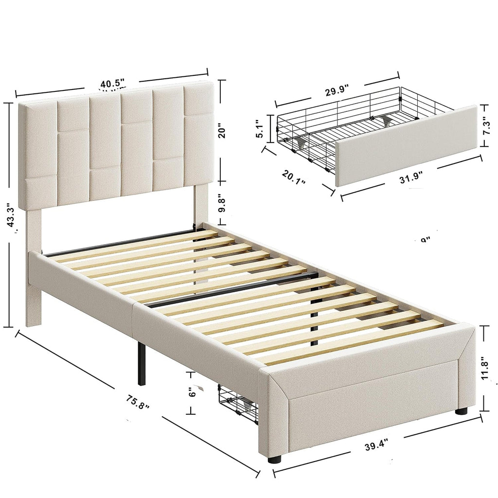 Twin Upholstered Platform Bed with Under-Bed Drawer