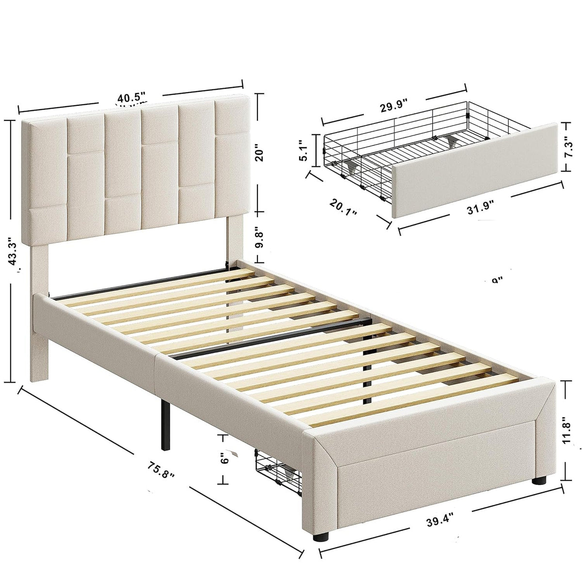Twin Upholstered Platform Bed with Under-Bed Drawer