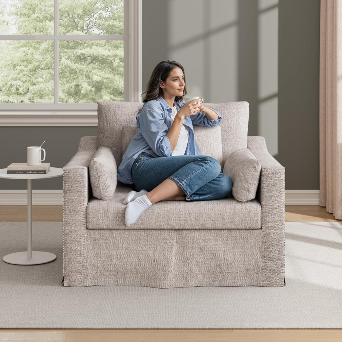 33 Inch Wide Coastal Armchair with Washable Slipcover