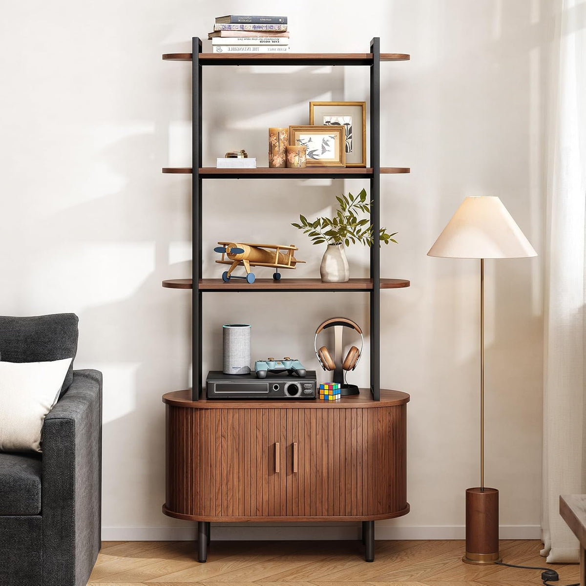 71" Modern 4-Tier Bookshelf with Sliding Door