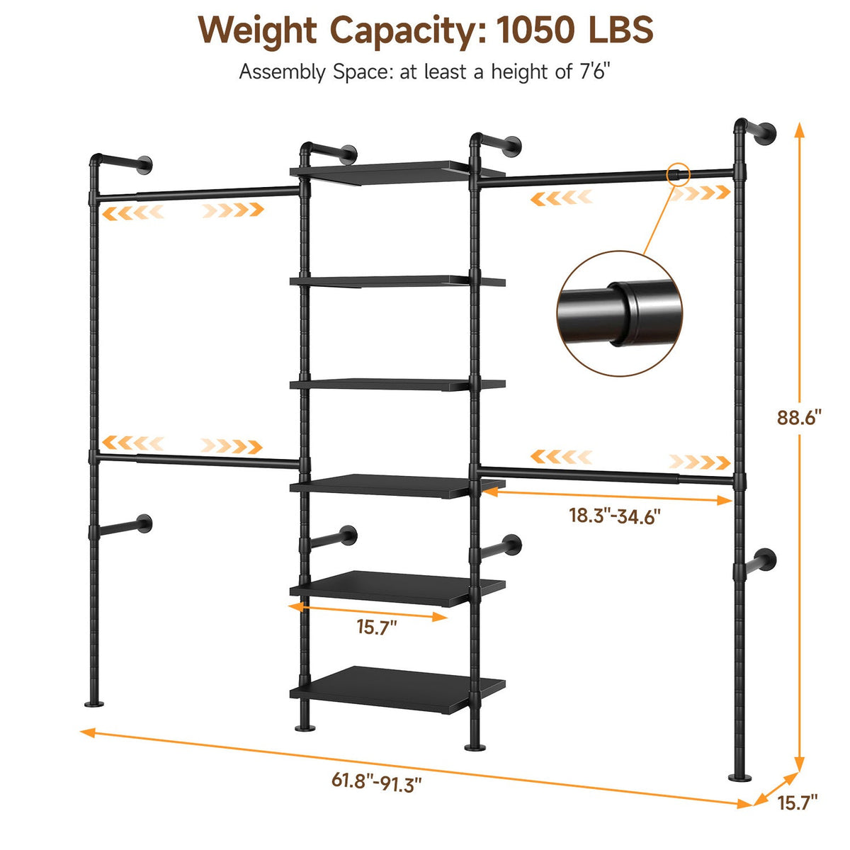 Wall Mounted Industrial Pipe Closet Organizer, 4 Rods