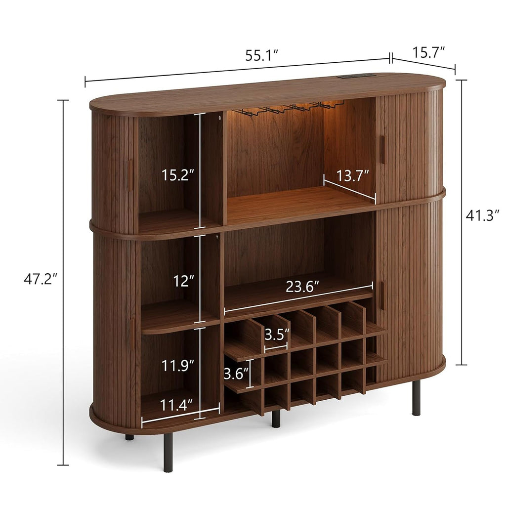 Wine Bar Cabinet with LED Lights and Charging Station