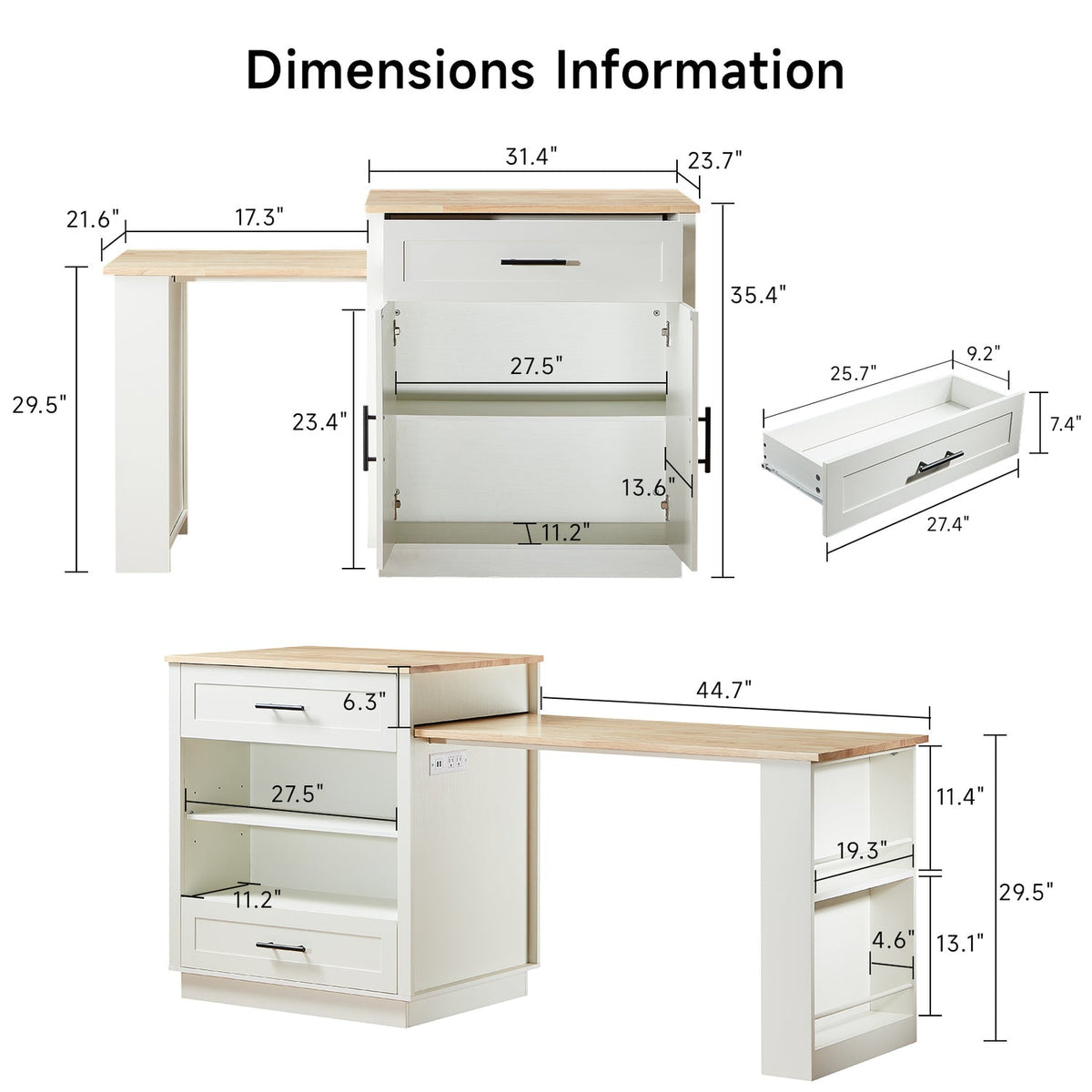Kitchen Island with Extendable Table and Power Outlet