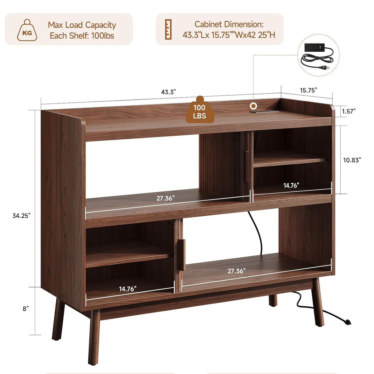 43-Inch Sideboard Buffet with Built-In Power Station