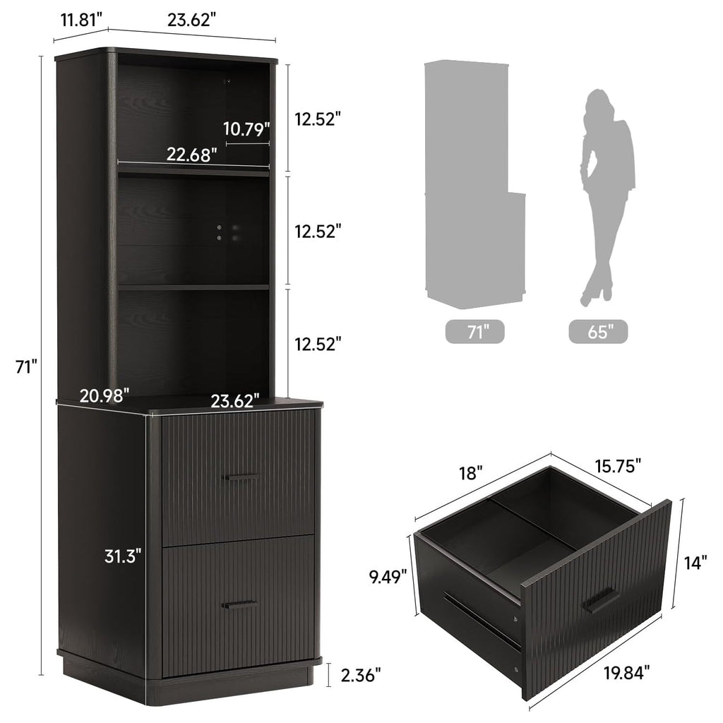 71 in Tall Fluted Bookcase with File Drawers