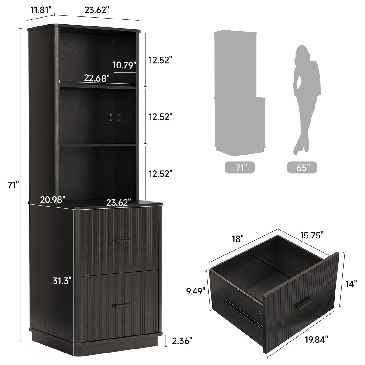 71 in Tall Fluted Bookcase with File Drawers