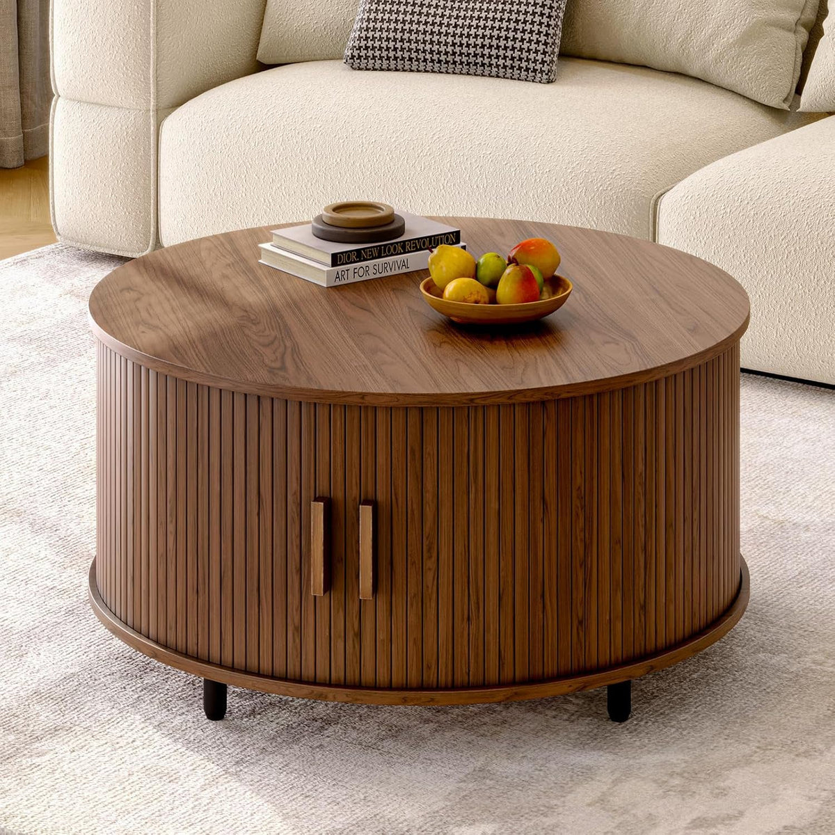 31.5" Round Fluted Coffee Table with Sliding Door
