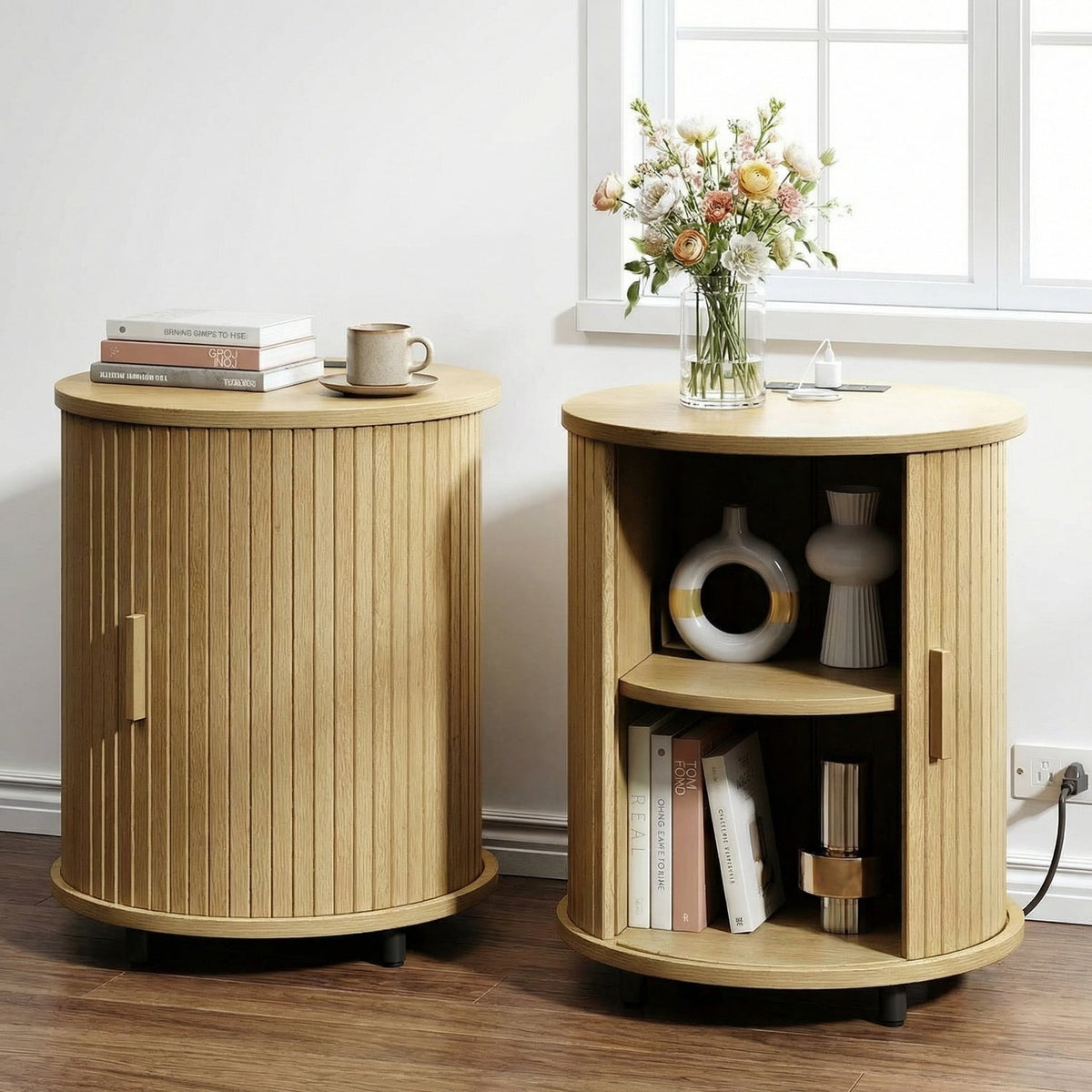 Round Nightstand Side Table with Sliding Tambour Door