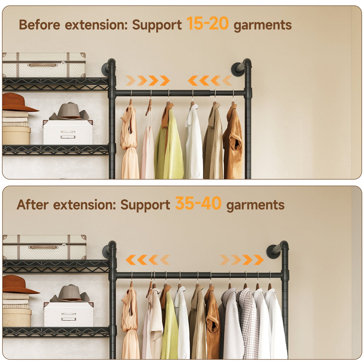 Wall Mounted Closet System with 4 Rods and 9 Shelves