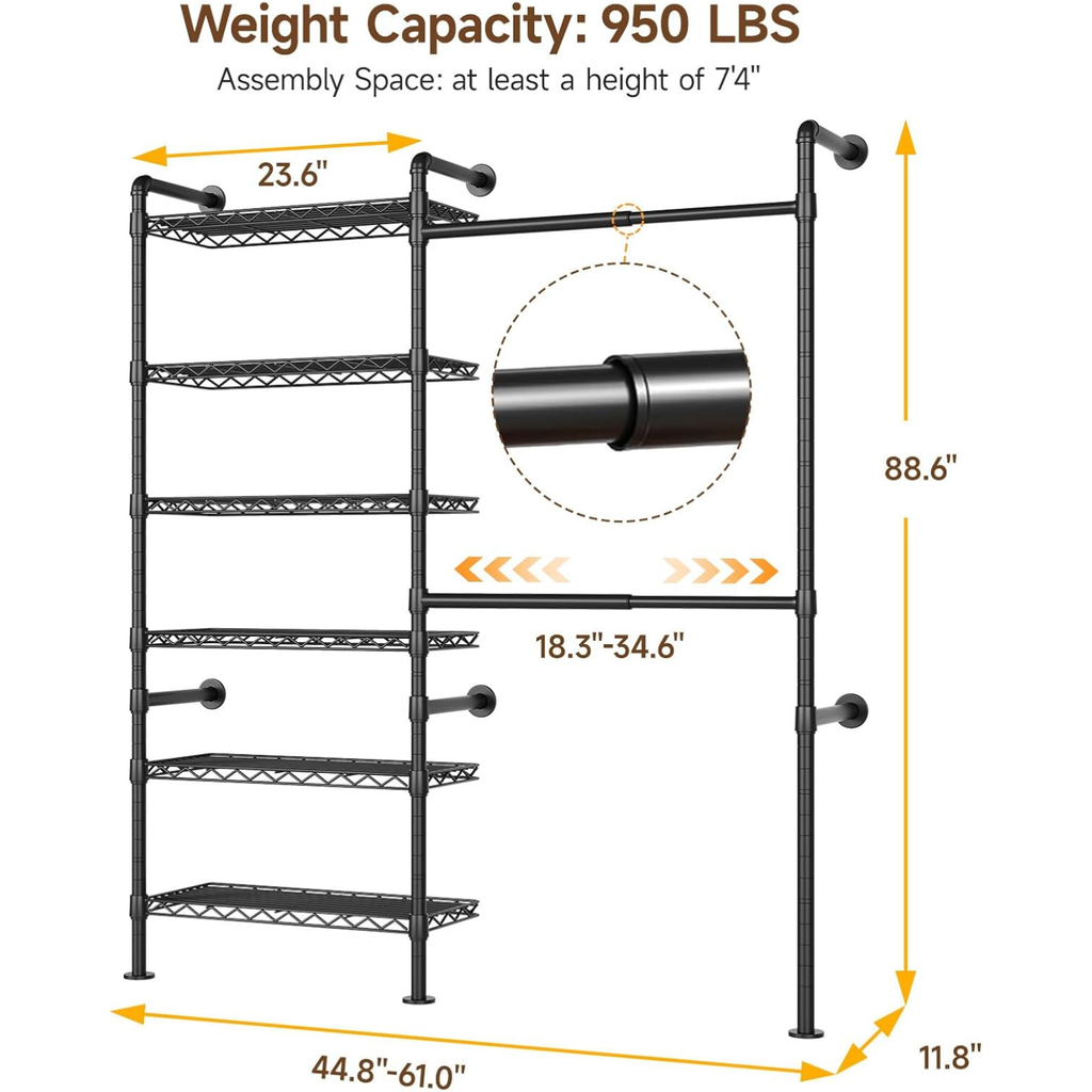Industrial Pipe Wall Mounted Clothes Rack, 2 Rods 6 Shelves