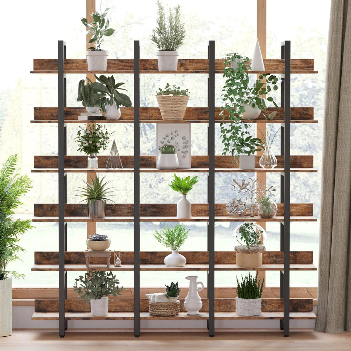 Triple Wide 6-Tier Open Bookshelf with Back Fence