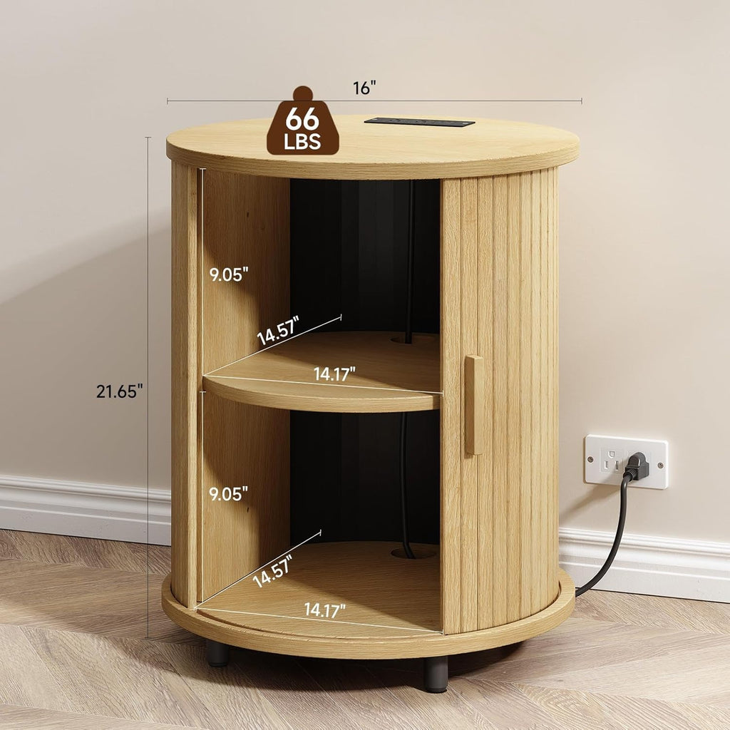 Round Nightstand Side Table with Sliding Tambour Door