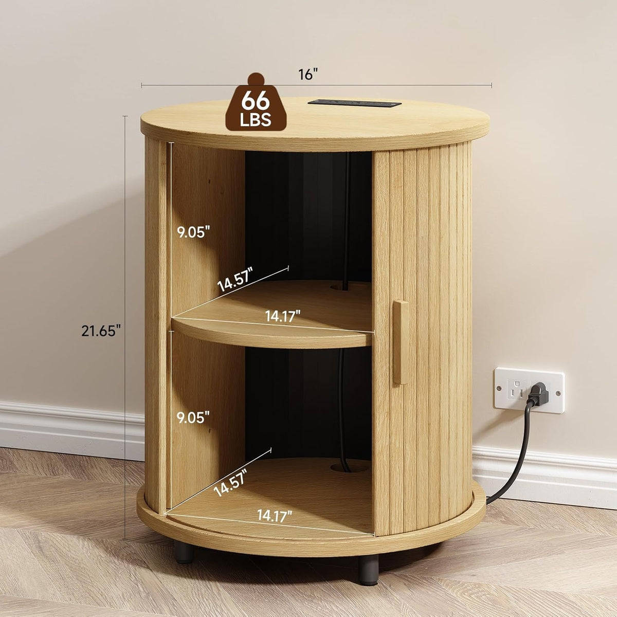 Round Nightstand Side Table with Sliding Tambour Door