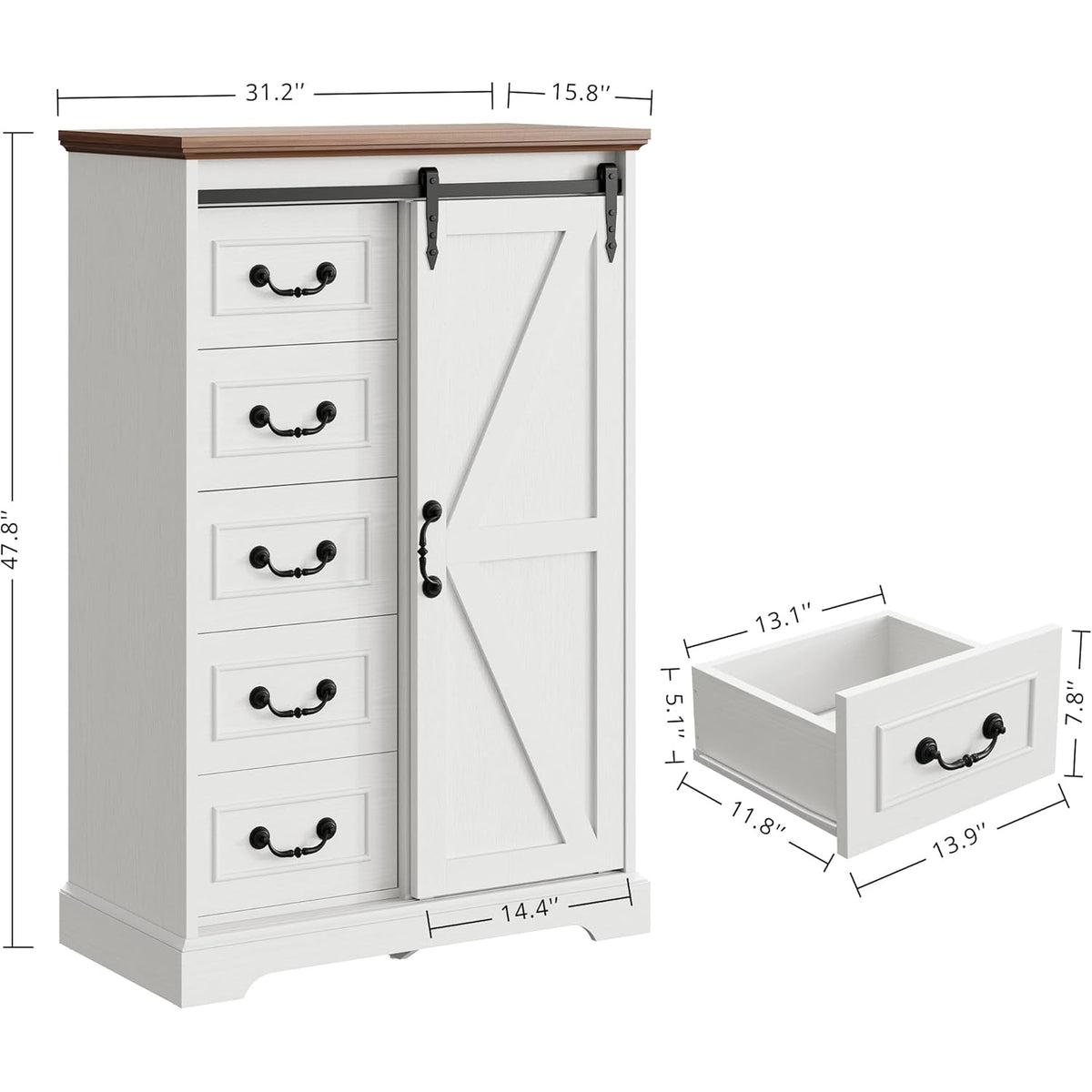 48 Inch 5 Drawer Dresser with Sliding Barn Doors
