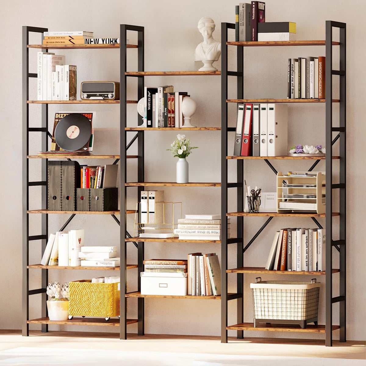 Triple Wide 6-Tier Industrial Bookshelf with Metal Frame