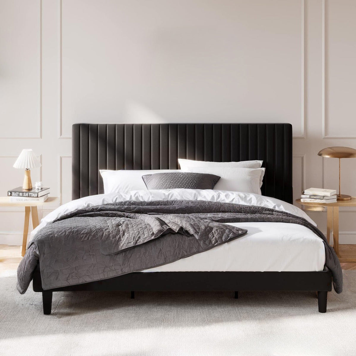 Velvet Wingback Platform Bed, No Box Spring Needed