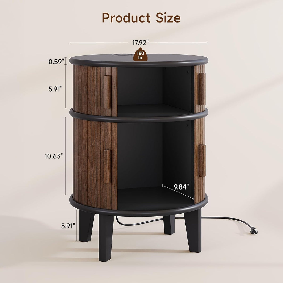 Round End Table Nightstand with Charging Station