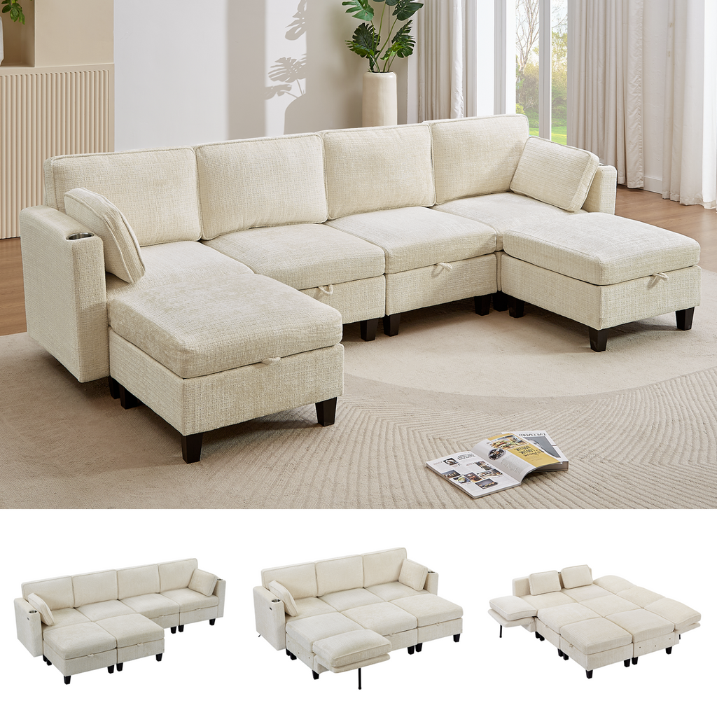 110 Inch U-Shaped Modular Chenille Sleeper Sectional