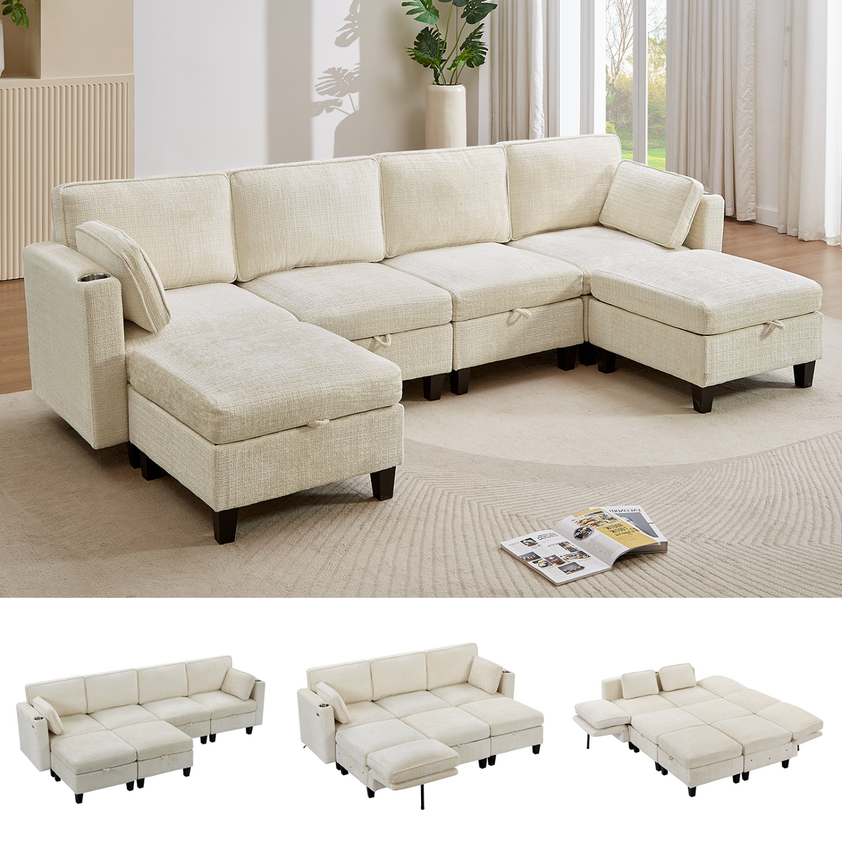 110 Inch U-Shaped Modular Chenille Sleeper Sectional